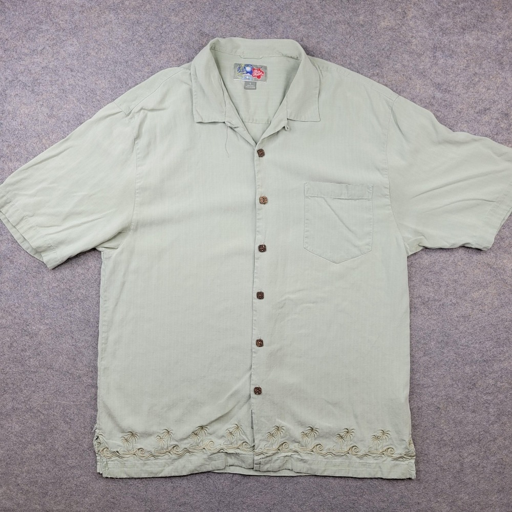 Hilo Hattie Shirt Mens Large‎ Green Silk Hawaiian Embroidered Button Front